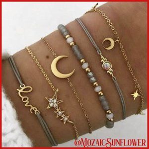 6 Piece Gold and Grey Color Celestial Bracelet Set